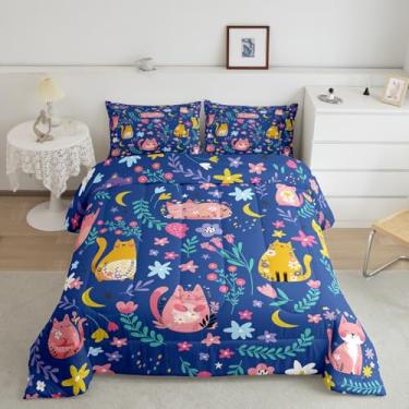 Imagem de Feelyou Jogo de cama infantil engraçado de gatos com desenho fofo de flores e gatinhos, tamanho casal com tema animal, enchimento de edredom feminino kawaii, decoração azul
