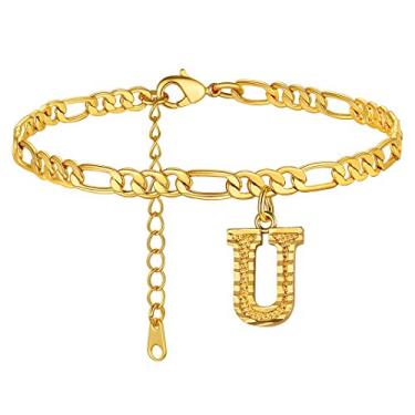 Imagem de Tornozeleiras GoldChic Jewelry com iniciais, personalizadas à prova d'água 4,5 mm de largura redimensionáveis 18K banhado a ouro corrente Figaro inicial letra tornozelo pulseiras para mulheres meninas joias de verão, 22-27 cm de comprimento
