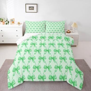 Imagem de Feelyou Conjunto de edredom com laço fofo, tamanho casal, verde e laço kawaii, respirável, macio, leve, microfibra, decoração de quarto de princesa