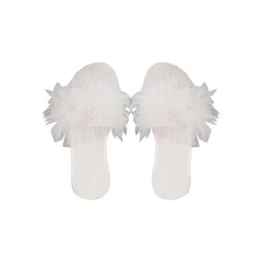 Imagem de GORGLITTER Sandálias femininas de casamento para noiva, com babados, elegantes, quadradas, abertas, deslizantes, confortáveis, sapatos de verão, Malha branca, 40