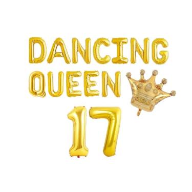 Imagem de SNFHWL Rainha dançante 17 com balões de coroa, balões de bandeira dourada para meninas dançando rainha sinal de festa de aniversário de 17 anos, pano de fundo para meninas de 17 anos
