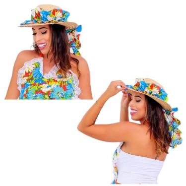 Imagem de Chapéu Festa Junina Caipira Feminino de Palha Decorado Tecido Estampad