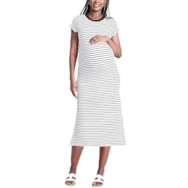 Imagem de Motherhood Maternity Vestido feminino colado ao corpo midi de malha canelada manga raglan, Listra branca, P