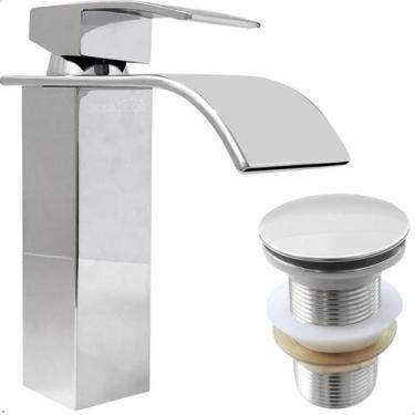 Imagem de Torneira Cascata Banheiro Bica Baixa Cromada E Valvula Click Inox Kit 