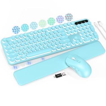 Imagem de Teclado e mouse sem fio retroiluminados – Teclado de máquina de escrever com teclas redondas retrô, descanso de pulso destacável, letras iluminadas, combo recarregável de 2,4 G para Mac, Windows, PC