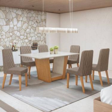 Imagem de Conjunto Apogeu 170cm Tampo MDF com Vidro e 6 Cadeiras Luar Amêndoa Clean/Off White/Animale Bege