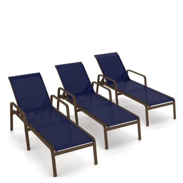 Imagem de Kit 3 Espreguiçadeira Piscina Alumínio Marrom Tela Azul