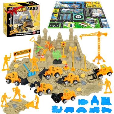Imagem de Brinquedos de areia para crianças – Conjunto de brinquedo de 45 peças com areia realista de 450 g, veículos de brinquedo de caminhão, escavadeira, incluindo tapete de canteiro de obras, kit de molde