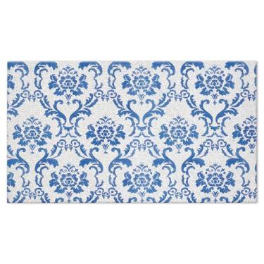 Imagem de CIOJUNE Tapete de porta floral damasco, capacho Art Déco Baroco para entrada da porta da frente, tapetes de banheiro azul e branco para banheiro, tapetes de boas-vindas de flores azuis retrô para