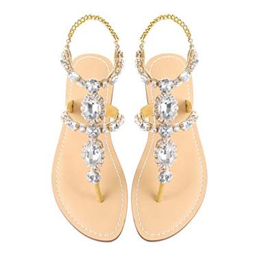 Imagem de Sandália feminina gladiadora de strass ZhuLinFeng Pingtan Sandália de casamento pérola brilhante madrinha sandália azul boêmia, Gold-2#, 10