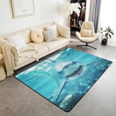 Imagem de Tapetes de área de tubarão 3 x 5, tapete decorativo de tubarão 3D, tapete de onda do oceano para crianças meninos quarto cabeceira animais marinhos conjunto de tapetes oceano onda do mar tapetes de sala de estar azul branco, antiderrapante lavável