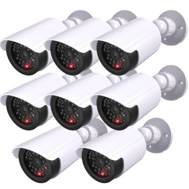 Imagem de WALI Câmera de segurança CCTV simulada falsa falsa CCTV Dome para ambientes internos e externos com uma luz LED, decalque adesivo de alerta de segurança de aviso (TC-W8), 8 pacotes, branco