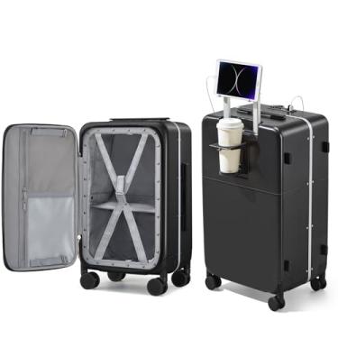 Imagem de Mala de mão Hanke 56 x 35,5 x 23 cm, rodas giratórias aprovadas por companhias aéreas, malas rígidas abertas na parte superior com suporte para celular e carregador, mala de viagem de 51 cm, Preto Jet