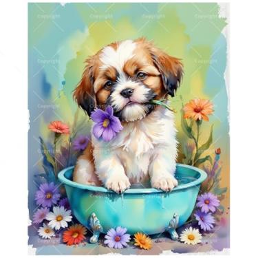 Imagem de Kit de pintura de banho para filhotes por números para adultos - DIY fofo cachorro em banheira azul com flores coloridas pintura em tela 40,6 x 50,8 cm, conjunto de tinta acrílica para iniciantes