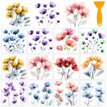 Imagem de AHANDMAKER 12 folhas de adesivos de transferência de flores com raspador, adesivos vintage de flores em aquarela para livraria, sala de estudo, creche, decoração de janela, 14 x 14 cm