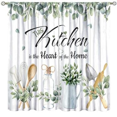 Imagem de Cortinas de cozinha de fazenda, aquarela rústica, planta de folha de eucalipto, cortinas de decoração de casa de madeira para sala de jantar, café, sala de estar, tratamento de janela, conjunto de 2