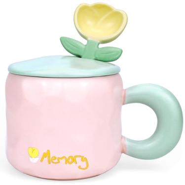 Imagem de Disoza Caneca de tulipa rosa com tampa 425 g Caneca personalizada engraçada cerâmica Natal chá café flor floral presente de aniversário para mulheres namorada
