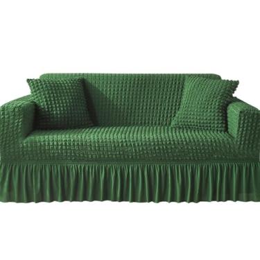 Imagem de KAIJIE Capa de sofá de 3 lugares com fio de espuma para todas as estações e design simples, elástico antiderrapante com bordas plissadas, capa protetora de móveis modernos, verde tinta
