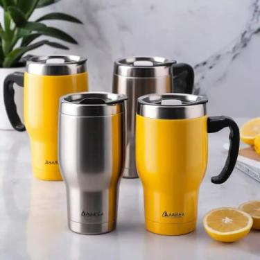 Imagem de Caneca Térmica Parede Dupla em Aço Inox Amarela 750ml com Tampa Flip - Estilo Premium