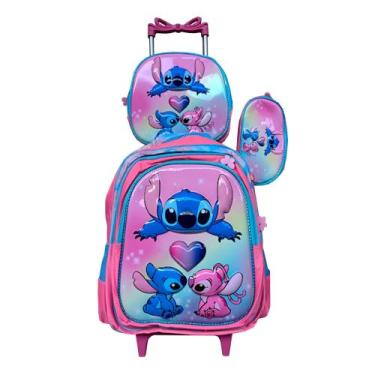 Imagem de Kit Mochila Stitch Feminina com Rodinhas em 3D + Lancheira Térmica + E