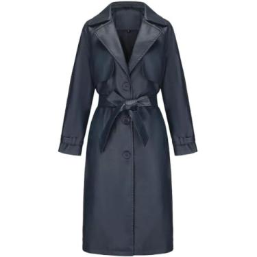 Imagem de Trench Coats Femininos Outono Jaqueta De Couro Longa Feminina Lapela Jaqueta De Couro Pu Jaqueta Feminina Com Cinto, White, M