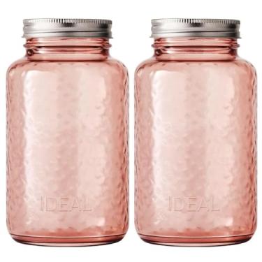 Imagem de Pacote com 1 pote de vidro rosa de 947 ml – Feito nos EUA – Frasco de vidro de boca regular com tampa e faixa – Armazenamento decorativo vintage para conservas, cozinha, artesanato e presentes