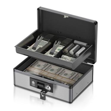 Imagem de Lockbako Caixa de dinheiro com trava e chave, cofre seguro para dinheiro, caixa portátil com 2 espaços de armazenamento, organizador de economia de dinheiro (preto, grande)