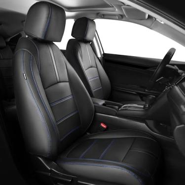 Imagem de FEINEPRO Capas de assento para Honda Civic Sedan LX 2016 2017 2018 2019 2020 2021, capa de assento de carro de couro sintético à prova d'água, linha preta azul (encosto traseiro sólido - sem apoio de
