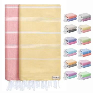 Imagem de Native Fab Toalhas de praia turcas grandes, pacote com 2, macias, leves, de secagem rápida, absorventes, algodão, sem areia para piscina, spa, viagem, banho - amarelo limão, laranja claro