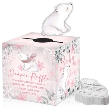 Imagem de 50 peças de sorteio de fraldas para chá de bebê urso polar rosa com flocos de neve de inverno, sorteio de fraldas de urso polar, decoração de chá de bebê de inverno com 50 peças de cartões de floco de
