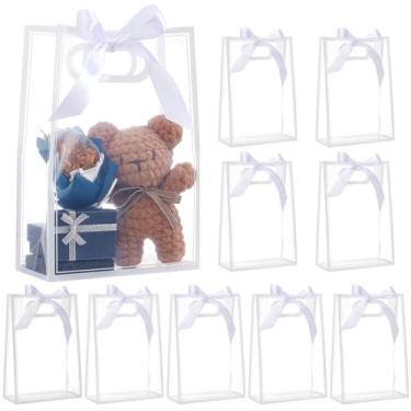 Imagem de BENECREAT 24 peças de saco de flores de PP, 18 x 8 x 26 cm, sacos de presente de plástico transparente com alças, sacos de lembrancinha de festa com fita para aniversário, casamento, despedida de