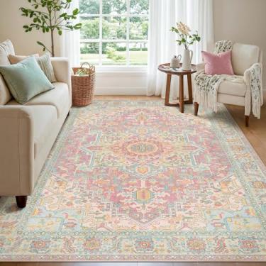 Imagem de Kokia Tapetes laváveis de 12 x 18 cm, rosa e laranja, com design vintage oriental, tapete macio para sala de estar ou quarto, antiderrapante, resistência a manchas, padrão medalhão envelhecido