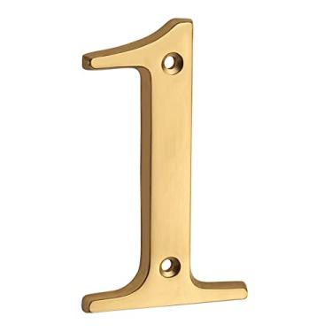 Imagem de HASWARE Placa de número de casa 4 polegadas (10 cm) acabamento em latão polido elegante curvilínea números de porta moderna placa de sinalização rua números de endereço residencial (1, latão)