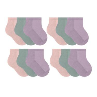 Imagem de Kit 12 Pares De Meias Selene Infantil Cano Curto Algodão, Salmão, Lilá