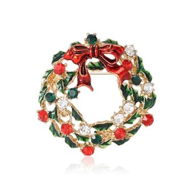 Imagem de Broches de guirlanda de Natal para mulheres homens verde vermelho cor delicada grinalda banhada a ouro com laço crtstal delicado lapela alfinete cachecóis xaile bonito festival festa acessórios