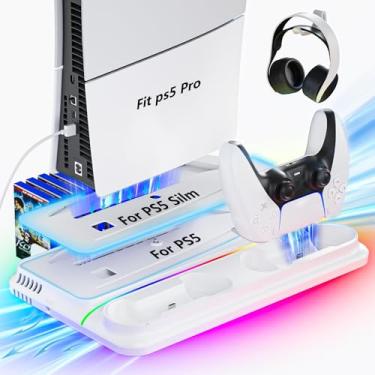 Imagem de Suporte PS5, estação de resfriamento PS5 com carregador duplo para controle PS5, 3 ventiladores silenciosos, 3 hubs USB, unidade de carregamento rápido, 9 luzes RGB, rígido, PS5, suporte fino para