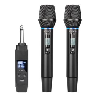 Imagem de JCANOL Microfones sem fio, microfones duplos UHF profissionais para karaokê, conjunto de sistema de microfone dinâmico sem fio com receptor recarregável, plug and play, discurso, casamento, igreja