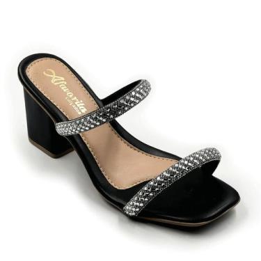 Imagem de Sandália Feminina com Tiras em Strass Salto Médio 7cm Design Sofistica
