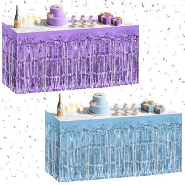 Imagem de Pacote com 2 saias de mesa azul-claro roxas claras, 73,7 x 274,3 cm, saia de mesa com franja metálica de 73,7 x 274 cm para mesas retangulares, decorações de festa para aniversários, casamentos