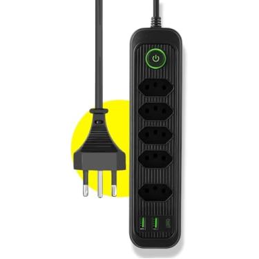Imagem de Régua de Energia com 5 Tomadas, 2 Portas USB, Cabo de Alimentação, Botão Liga/Desliga com LED, Branco e Preto