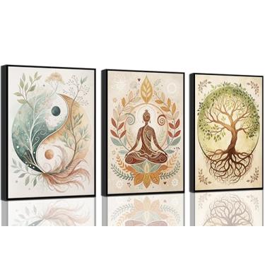 Imagem de 3 peças de arte de parede em tela árvore da vida Lotus Zen pintura imagens decoração de parede Yin Yang Taichi impressões espirituais pôsteres para sala de estar sala de ioga hotel quarto decoração de