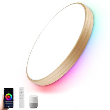 Imagem de HOREVO Luminária de teto LED WiFi inteligente com controle remoto - Alexa/Google Home, luminária de teto RGB regulável (2700K-6500K), montagem embutida de madeira moderna de 30,5 cm para quarto/sala