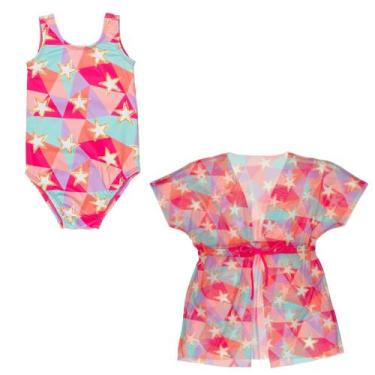 Imagem de Kit Maiô Praia + Saída De Praia Vestido Tule Infantil Menina - Fofotin