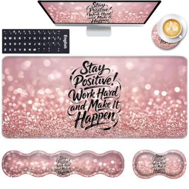 Imagem de Apoio de pulso e mouse pad com suporte de pulso para teclado conjunto de suporte de pulso porta-copos ergonômico, espuma de memória, alívio da dor de digitação fácil, tapete de mesa grande GG 80 cm x 30 cm, fique positivo, trabalhe duro e faça acontecer motivacional
