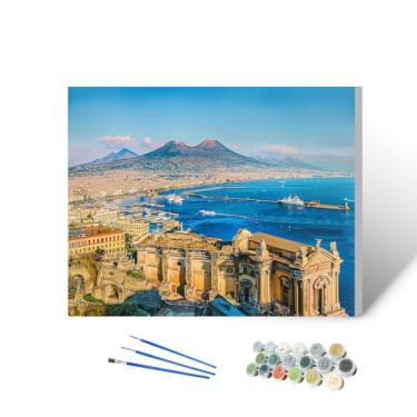 Imagem de CEREJYPUZ Kit de pintura por números para adultos Cidade Nápoles Monte Vesúvio Pôr-do-sol Campânia Itália 40,6 x 50,8 cm DIY Color by Numbers Kits de pintura em tela emoldurada para estudantes