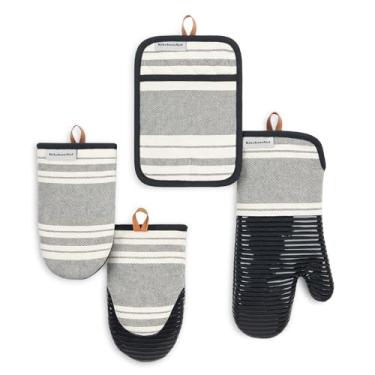 Imagem de KITCHENAID Luva de forno listrada vintage, mini luva de forno e suporte de panela, pacote com 4, 100% algodão, resistente ao calor, ônix preto/marfim, 17,8 x 35,5 cm, 14 x 23 cm e 17,8 cm x 25,4 cm