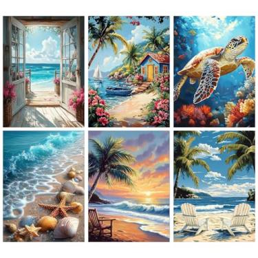 Imagem de 6 pacotes de tinta por número para adultos, kits de pintura a óleo acrílica faça você mesmo de praia por números em tela, kits de pintura por números para adultos, pintura de desenho para decoração de