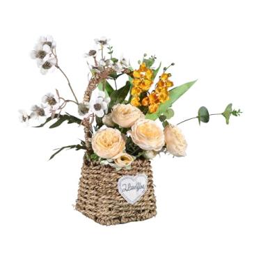 Imagem de KOLYMAX Arranjo de flores artificiais em cesta de tecido com design de coração, rosas brancas mistas e orquídeas amarelas, algas marinhas naturais, 39 x 34 cm