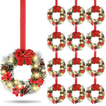 Imagem de Yuxung 12 peças guirlanda de armário com luzes Prelit artificial pequena guirlanda de pinha de Natal para porta da frente com laço, guirlanda suspensa de Natal para janela de cozinha, bateria não