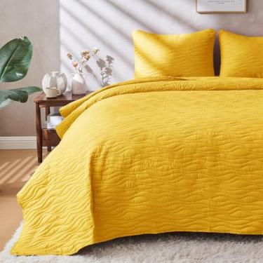 Imagem de JYHOPE Conjunto de edredom amarelo queen/casal, leve para o verão, macio e respirável para todas as estações, resistente a manchas, estilo boêmio, 1 colcha e 2 fronhas